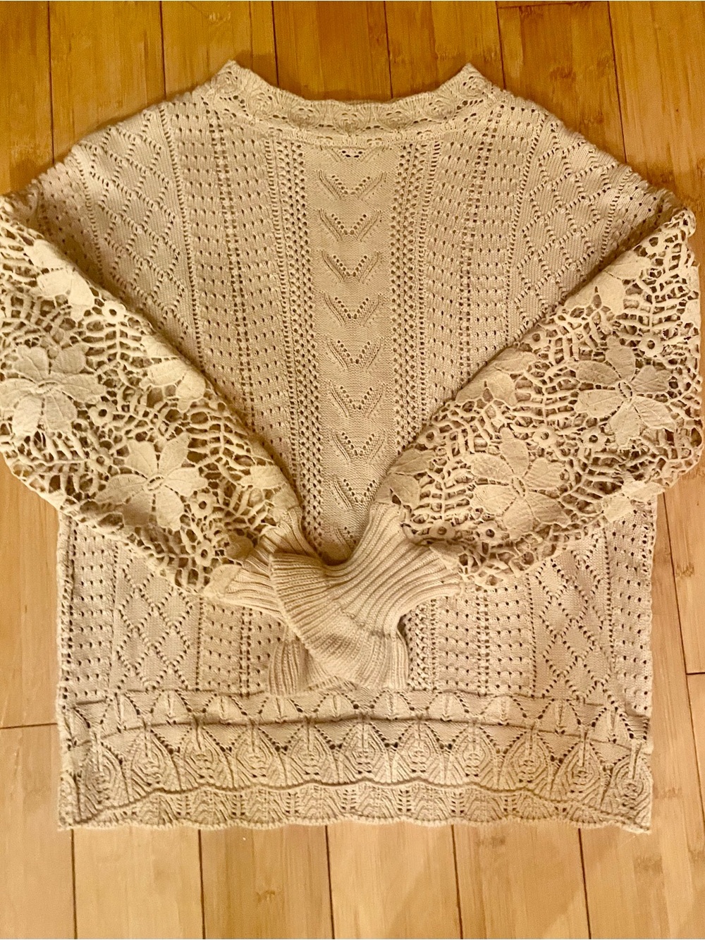 Beige Lace-Sleeve Knit Sweater - Women
